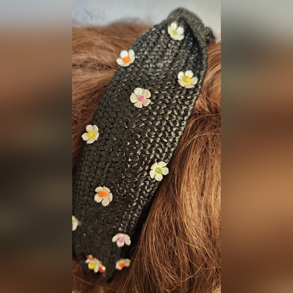 Handbeaded Black Straw Rattan Headband One of a Kind - Picture 3 of 6